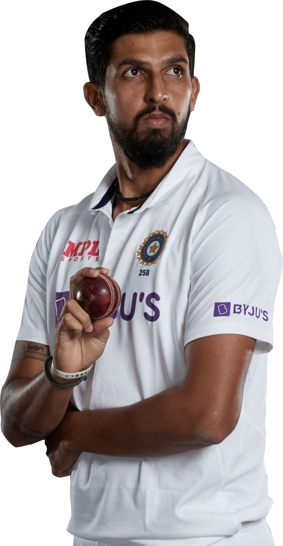 Ishant Sharma in India Test whites, holding a cricket ball