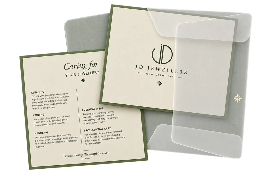Jewellery care card, pouch and vellum sleeve